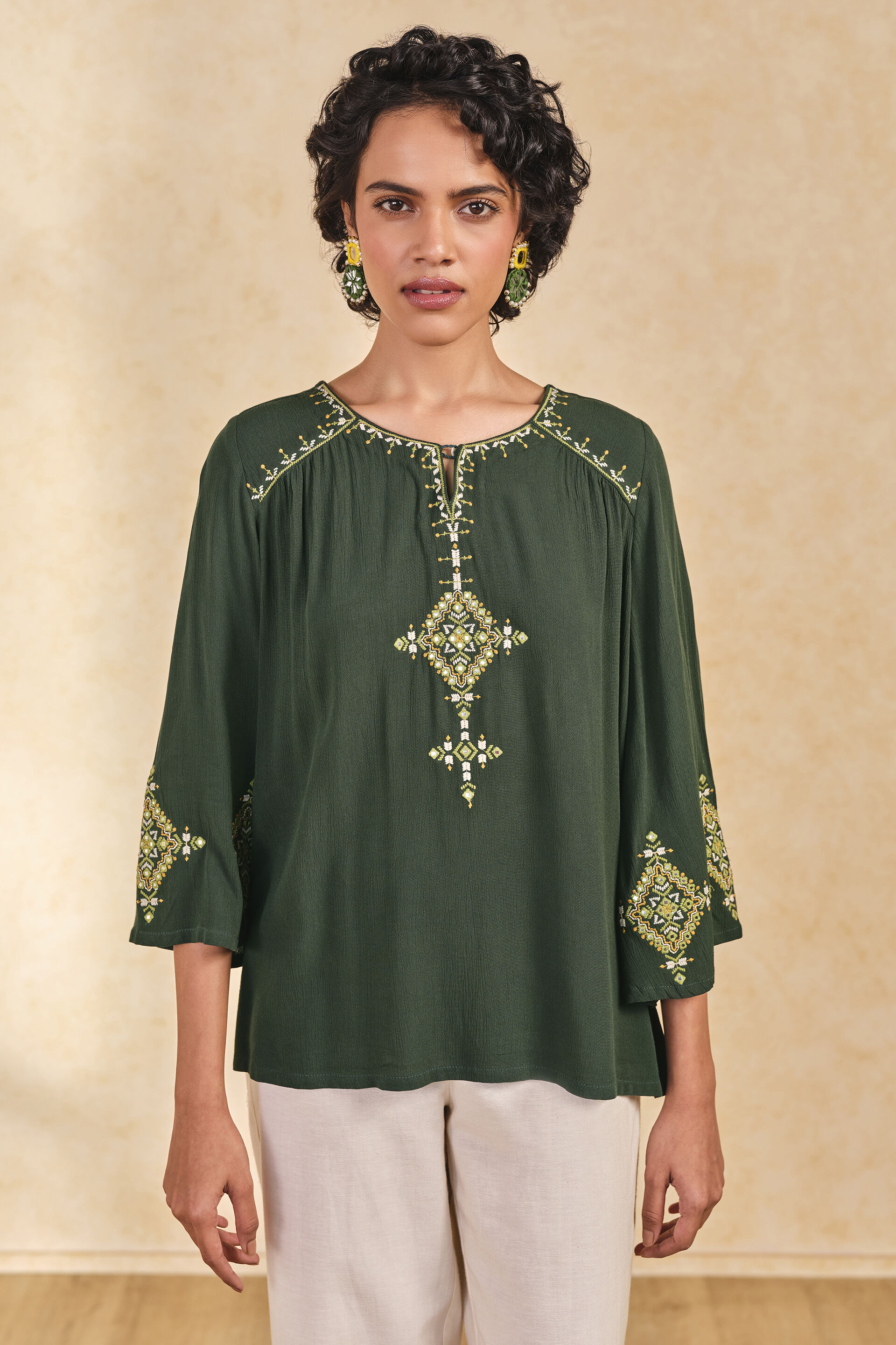 Green Embroidered Short Top, Green, image 2